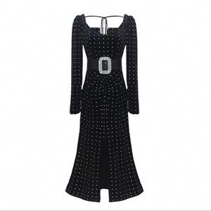 Elegant Black Velvet Dress with Rhinestone Accents